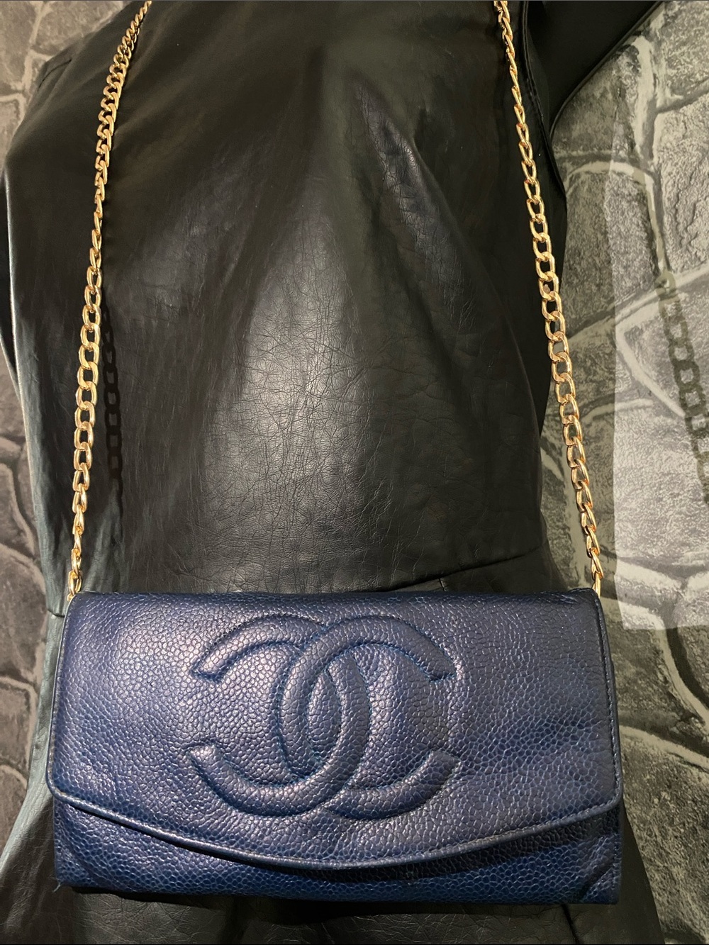 Authentic CHANEL COCO Mark Caviar Skin Navy Blue Clutch Purse